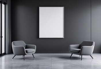 The empty room with two chairs and a blank white frame on the wall.