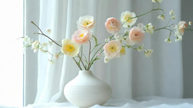 Soft pastel pink and yellow spring flowers in a white vase. Cope space. Space for text