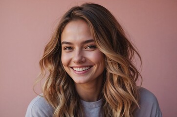 Naklejka premium Smiling woman with a radiant expression against a solid pastel pink background