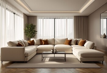 A Modern Beige Living Room with Natural Light and White Curtains.