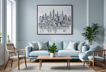 A modern living room with light blue walls and furniture, featuring a large city skyline painting on the wall.