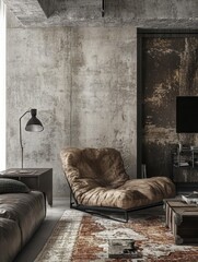 A modern contemporary interior features a concrete wall design