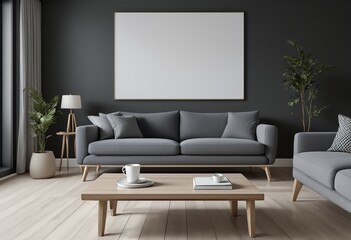 A modern living room with gray furniture and a coffee table.