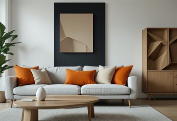 A modern living room with a white couch and wooden coffee table.