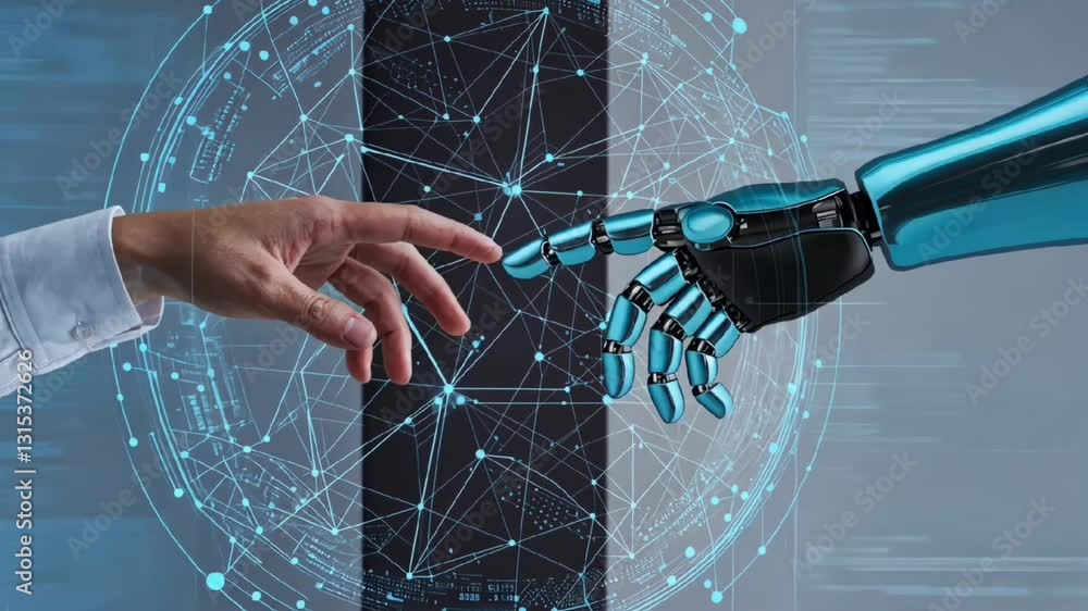 Poster human and robot hand touching with futuristic ai digital network and technology