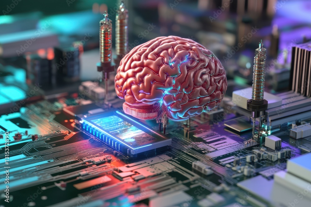 Poster creative representation of a brain on a futuristic computer circuit board