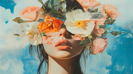 Abstract contemporary art collage portrait of young woman with flowers on face hides her eyes, oil painting. Dreamlike - Sky. Illustration