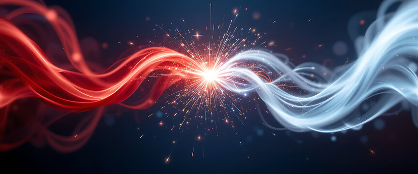 Abstract shimmering wavy twisted two lines in blue and purple confront each other and collision create glowing sparkling light in a dark blue background,