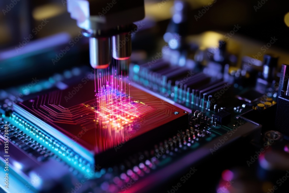 Poster high-tech laser application on microchip in a robotics laboratory during evening hours