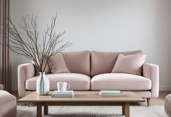 The image shows a modern living room with a light pink couch and wooden coffee table.