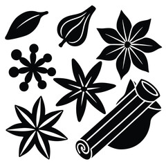 Vector set of spices cinnamon sticks, anise stars and chili peppers silhouette on white background