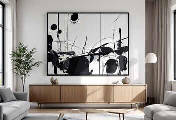 Abstract Expressionist Painting: A Large Black and White Piece on a Wall Above a Credenza in a Modern Living Room.
