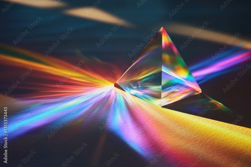 Poster light refracts through a prism creating vibrant rainbow patterns on a surface