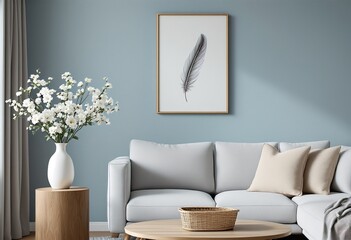 The Living Room with a Light Blue Wall and White Couch.