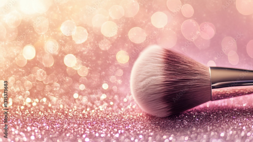 Fototapete makeup brush set on a glitter background with a bokeh effect, with copy space for your design text o