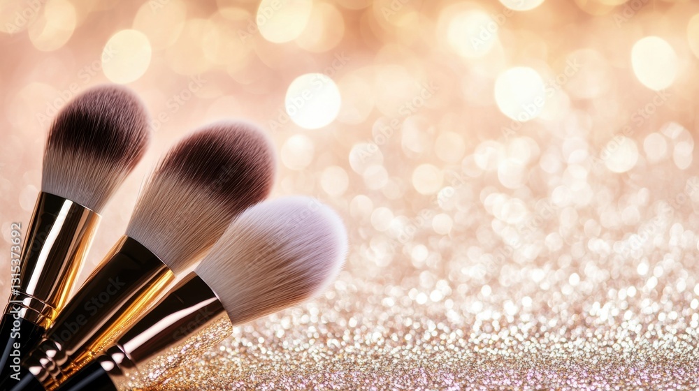 Fototapete makeup brush set on a glitter background with a bokeh effect, with copy space for your design text o