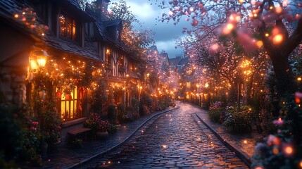 Warm lantern glow cobblestone street high resolution hd picture