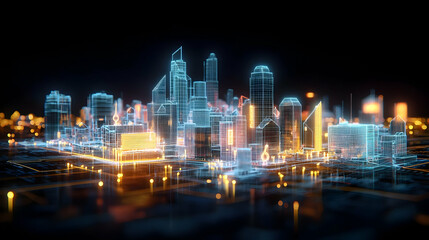 Naklejka premium Futuristic Illuminated Cityscape With Neon Blue And Orange Lights At Night 3D Rendering