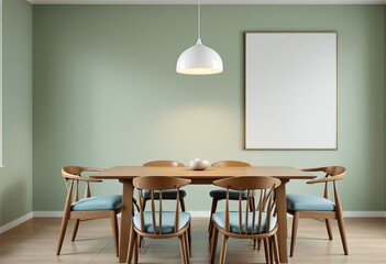 A dining room with a table and chairs, empty picture frame on the wall.