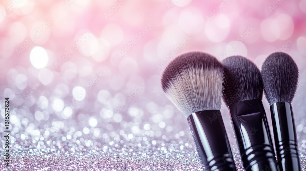 Poster makeup brush set on a glitter background with a bokeh effect, with copy space for your design text o