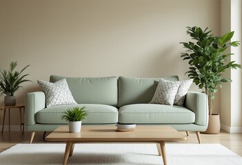 A Modern Minimalist Living Room with a Light Green Couch and Wood Coffee Table.