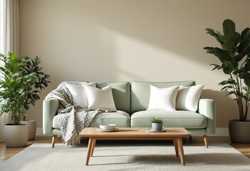 A light green couch with white pillows and blankets sits on top of a rug next to two plants and a coffee table.
