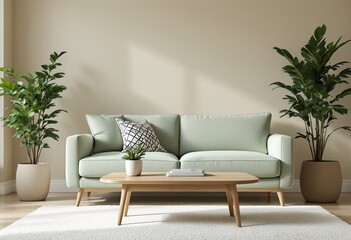A light green couch with two potted plants and a coffee table on a white rug in front of a beige wall.