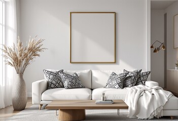 Minimalist white living room with a large empty frame on the wall above a white couch.