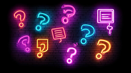 Vivid Neon Question Marks And Speech Bubbles On A Dark Brick Wall Background