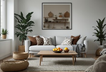 A modern living room with a neutral color palette and natural textures.