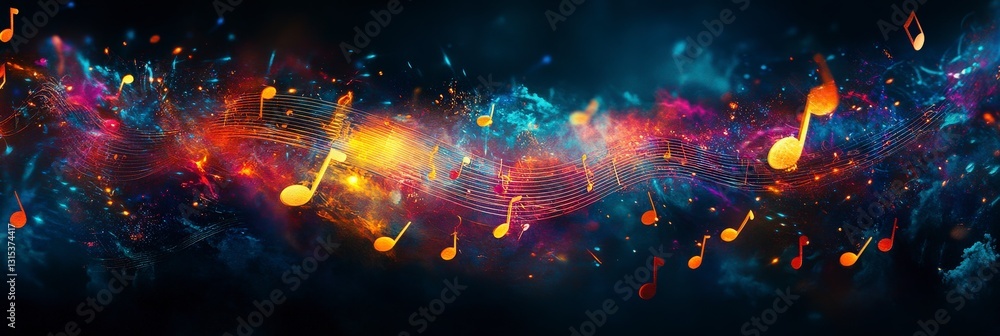 Poster vibrant notes in cosmic flow of abstract color waves.
