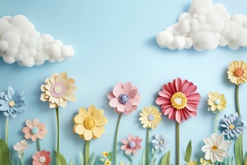 Colorful Paper Flower Field with White Clouds in a Light Blue Sky - Artistic Springtime Scene
