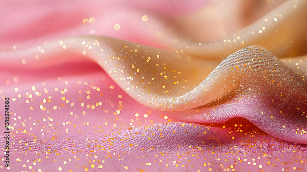 Poster pink and peach fabric with gold glitter elegant abstract background design with soft smooth flowing 