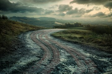 Gritty Winding Dirt Road in a Cloudy Rural Countryside Landscape