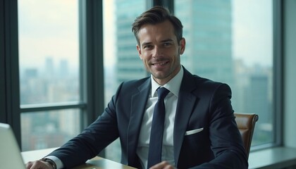 Smiling businessman sitting at desk in modern office