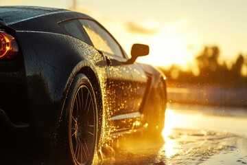 Wet Black Sports Car with Water Droplets at Sunset, Illuminated Golden Light Detail