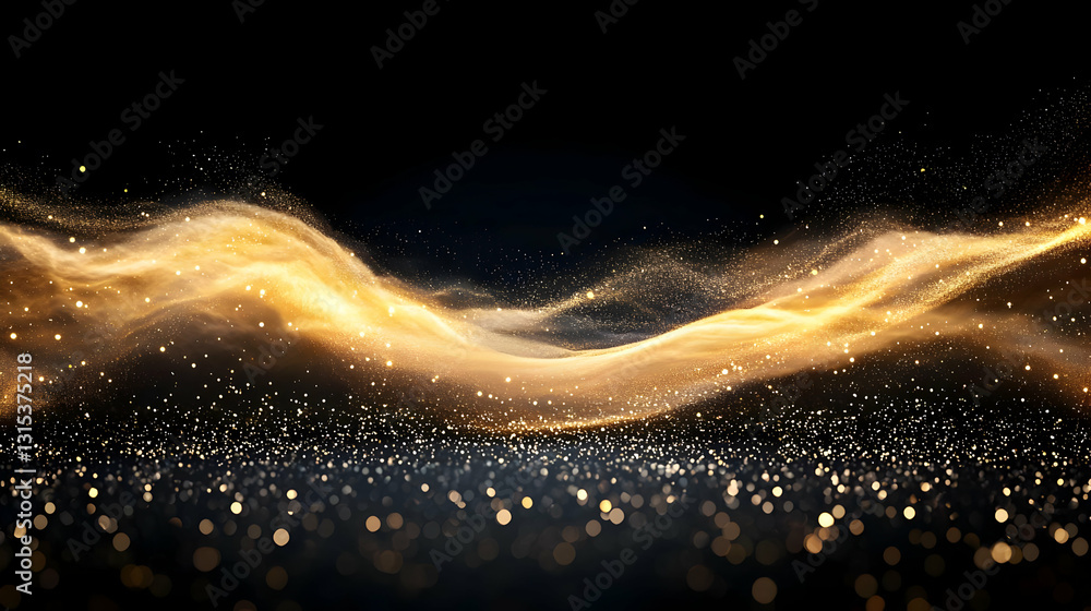 Poster golden shimmering particles flowing in a wave on a black background with bokeh effect for a festive 