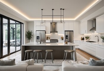 Modern kitchen with white cabinets and stainless steel appliances.