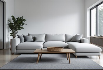 A modern minimalist living room with light gray walls and furniture.