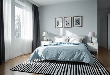 A modern bedroom with white walls and light wood floors features a bed with a blue comforter and pillows, two nightstands with lamps on them, and three framed pictures hanging above the bed.