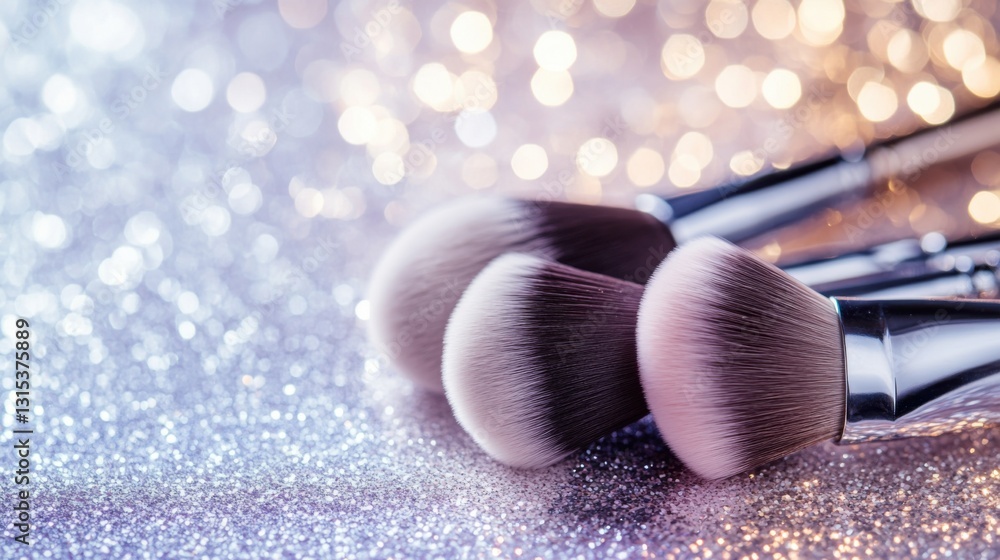 Poster makeup brush set on a glitter background with a bokeh effect, with copy space for your design text o