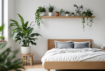 A bedroom with a bed and various houseplants on shelves above it.