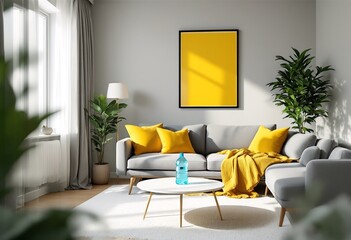 A well-lit living room with gray furniture and yellow accents.
