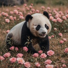 Fototapeta premium A baby panda rolling in the rose-colored grass.