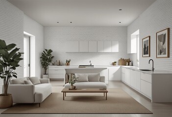 A modern minimalist interior design featuring white walls and cabinets with a sleek kitchen island and living room sofa.