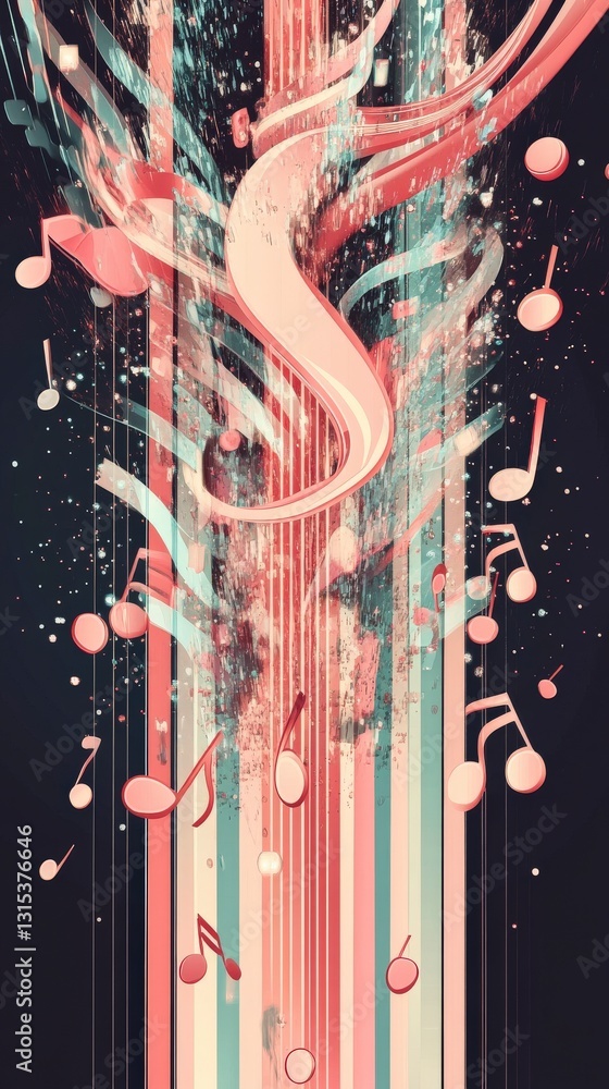 Poster abstract music notes flowing through colorful stream.