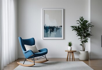 A blue rocking chair with a wooden base sits on a rug under a painting.