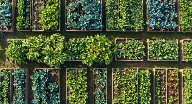 Aerial view of lush green vegetable garden beds arranged in neat rows conveying nourishment and abundance showcasing a variety of leafy greens and colorful plants under bright sunlight