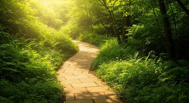 Pathway through a serene green forest with soft sunlight filtering down, evoking feelings of tranquility and peace, ideal for mental health reflection