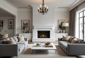 A modern living room with white walls and a fireplace features two gray couches placed on either side of the coffee table.
